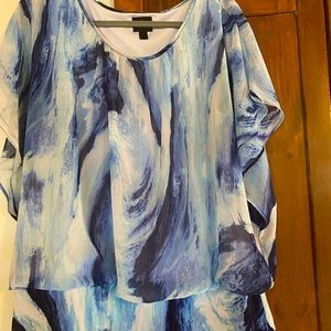 JM Collection Banded Blouse in Navy/White XL